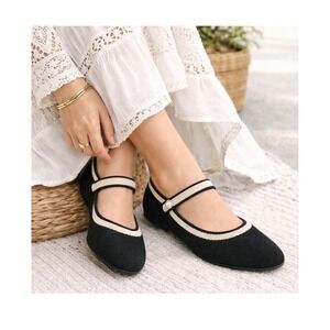 Jellypop Black Knit Mary Jane Flats Pearl Button Memory Foam Shoes Like New
